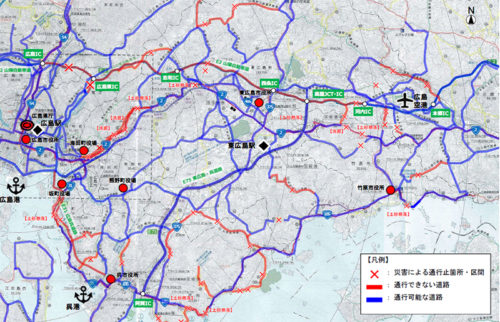 20180711map 500x322 - 広島市・呉市周辺の「通れるマップ」／救助救援活動を支援