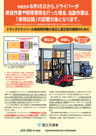 国交省/トラックドライバーの荷役作業・附帯業務は記録の義務付けを開始 20190531kokkosyo - 国交省/トラックドライバーの荷役作業・附帯業務は記録の義務付けを開始
