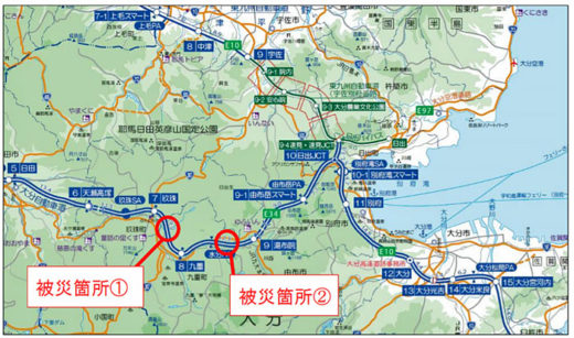 大分自動車道の被災地区
