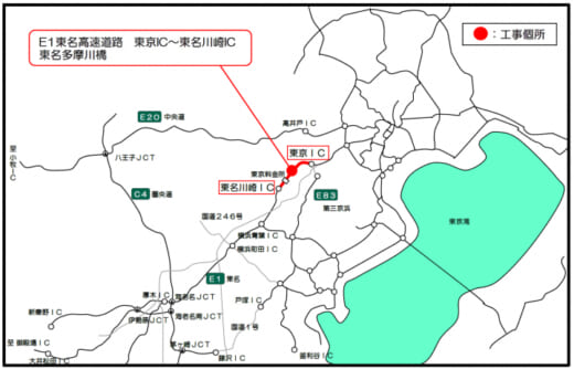 20220607nexco 520x334 - 東名多摩川橋工事／7月23日から上り線平日夜間1車線規制時に渋滞