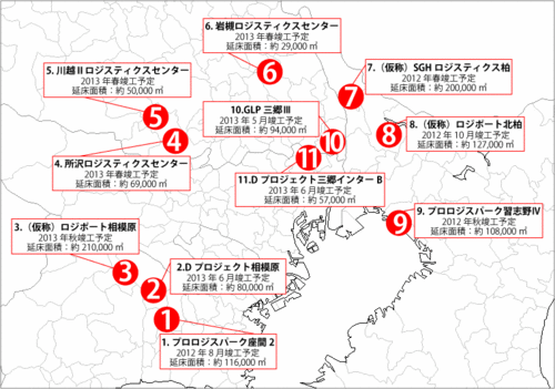 20120117syutokenmap thumb - 首都圏の大規模賃貸物流施設／2012年下旬から11棟、延床124万㎡が供給